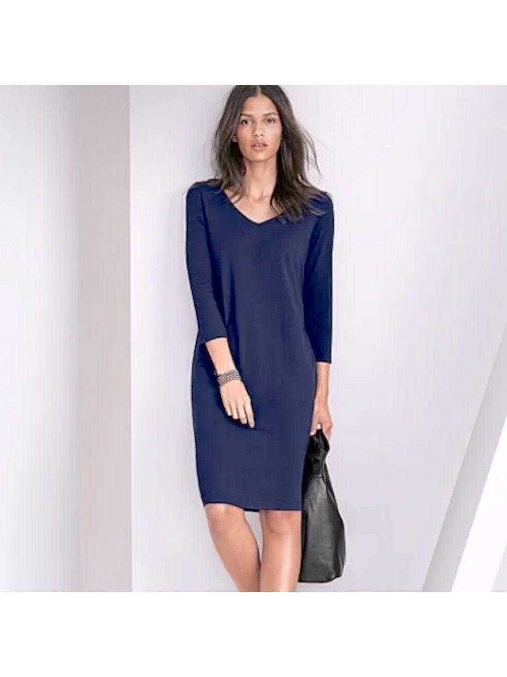Eileen Fisher Tencel Lyocell V-Neck Jersey Midi Dress Size Medium Blue Luxury